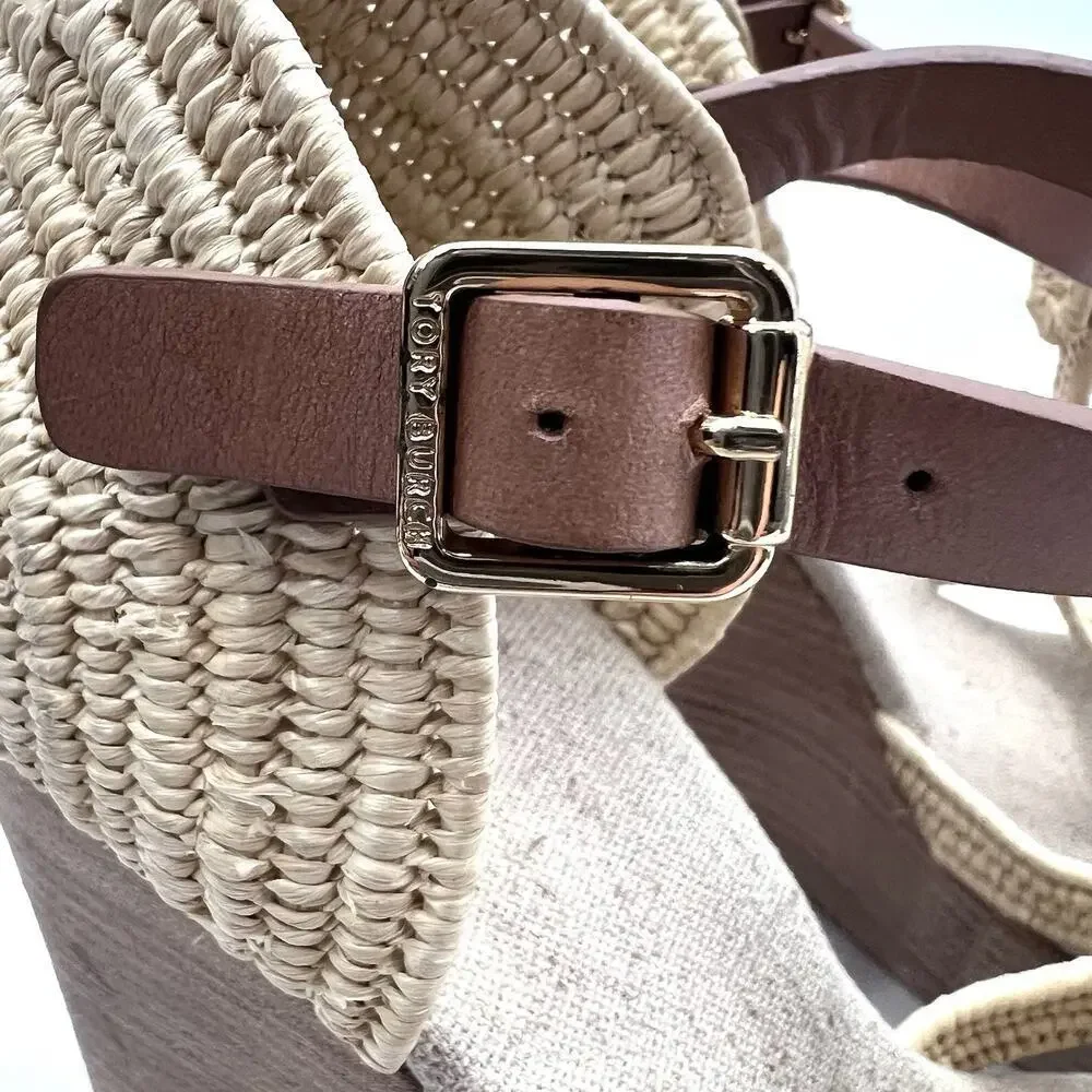 Tory Burch Natural Tan Beige Rattan Carina High Wedge Sandals Womens 8